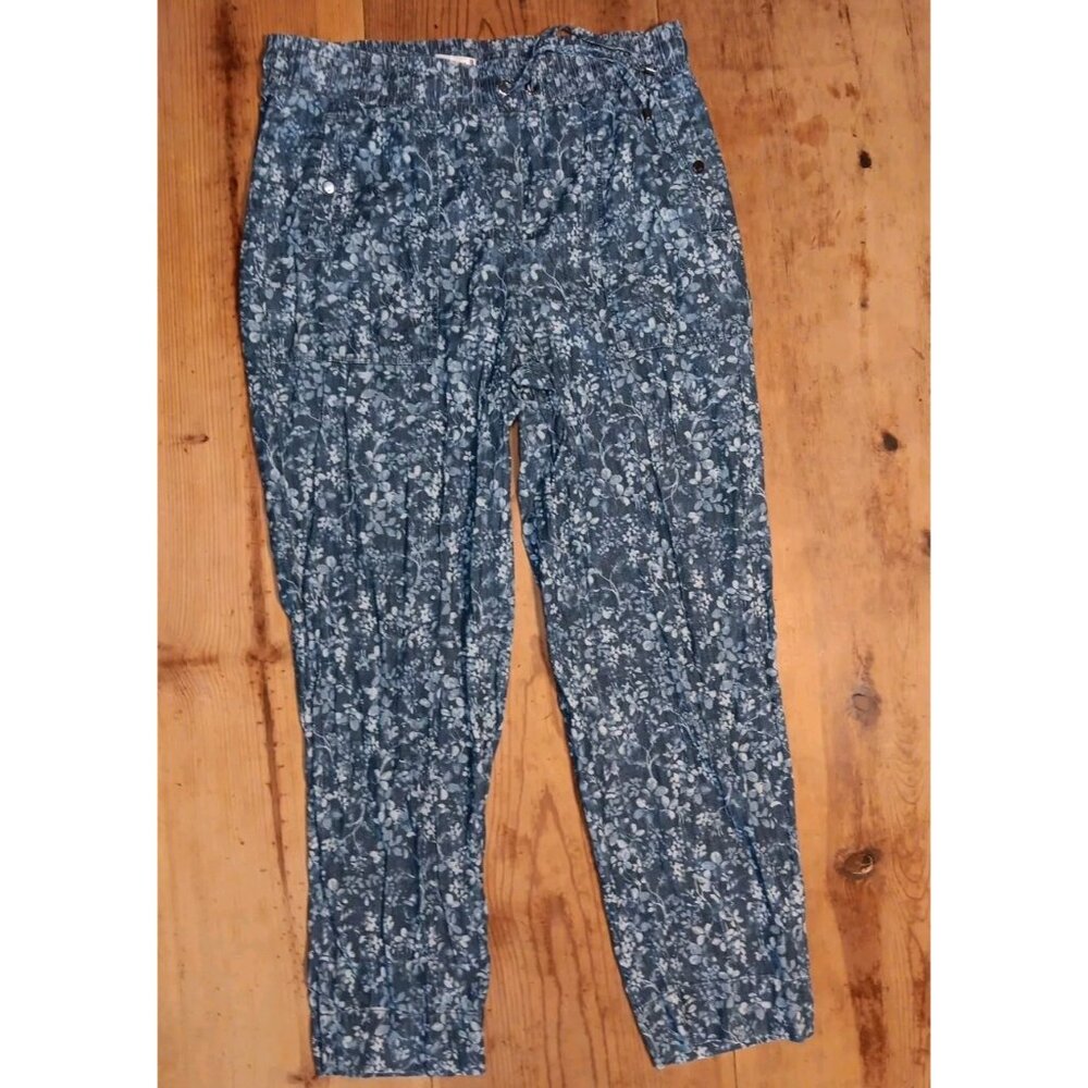 Tommy Hilfiger Womens M Floral Blue Chambray Ankle Pants Pull On Cottagecore